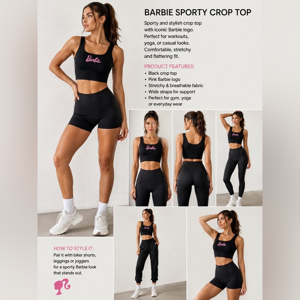 Barbie Black Sports Crop Top with Pink Logo